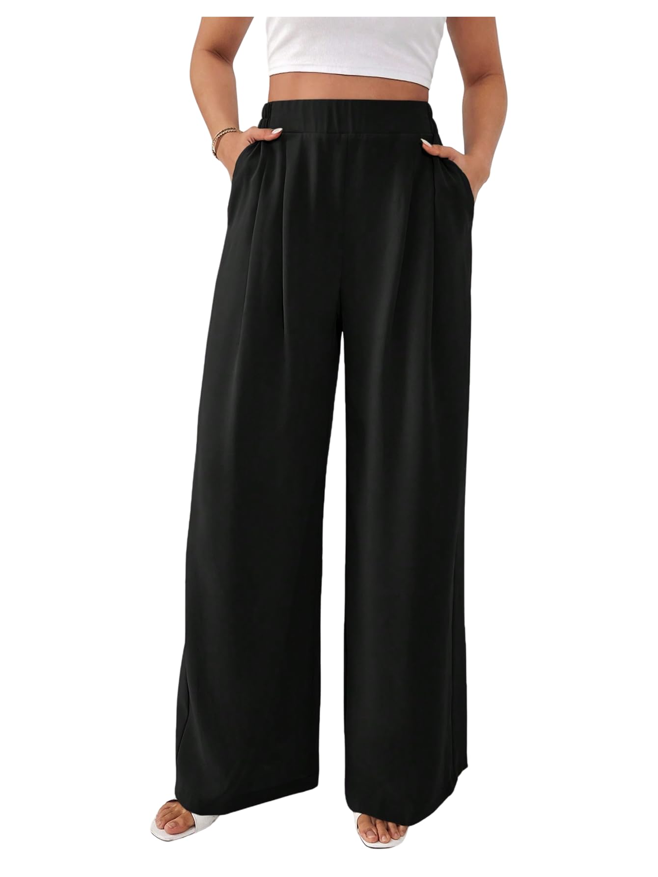 WDIRARA Womens Elastic Waist Straight Leg Pants Work Office Pants with Pockets