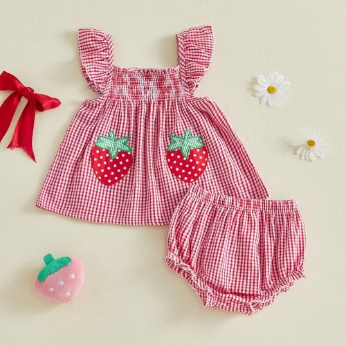 Baby Girl Summer Clothes Strawberry Cherry Ruffle Dress Tops Shorts Sets Bow Flower Bloomers Infant Newborn Outfit (03 Strawberry Red, 0-3 Months) — view 3
