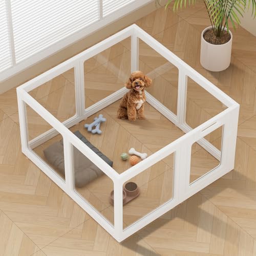 Image of Clear Acrylic Dog Playpen Indoor, Puppy Cat Small Pet Play Pen, Pet Cat Playpen for Rabbits, Dog Fence Crate Kennel Whelping Cage (White, 8 Panel)