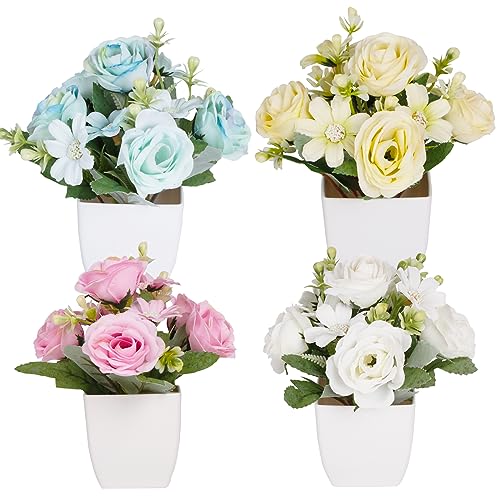 Yoratee Small Fake Plants 4Packs Artificial Rose Potted Flower Plant for Home Farmhouse Outdoor Decor