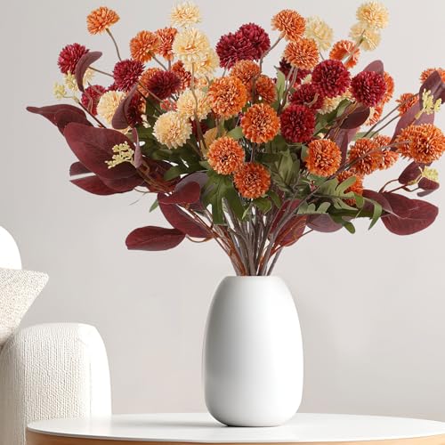 lekymo 10 Pack Artificial Fall Flowers + 2 Branches Eucalyptus - Fake Mums Silk Chrysanthemum Pom Pom Floral Arrangements Fall Decor, Long Stem Faux Fall Flowers Mini Floral Balls for Vase Home