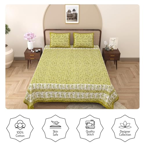 Image of Opulent Collection Double Bedsheet with 2 Pillow Cover | 100% Cotton Bedsheets for Double Bed | Handloom Bedsheet | Size 86x90 inches | King Size (90X102 Inches) (Dark Mustard, King)