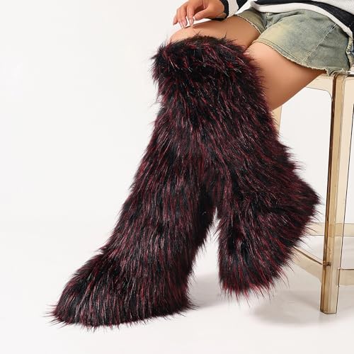 Women Furry Faux Fur Snow Boots Fluffy Fuzzy Comfy Knee High Boot Colorful Round Toe Flat Shoes Rubber Sole Outdoor Indoor Fashion Party3