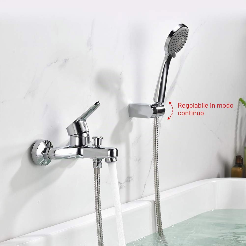Ibergrif M13050 Rubinetto Miscelatore per Vasca da Bagno con 3 Modalità Sistema Doccia a Pioggia con Flessibile Doccia 180 cm e Bocchetta Allunga (40 cm) Rubinetto Doccia con Supporto Doccia
