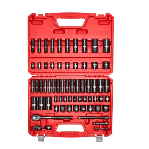 VEVOR Impact Socket Set 3/8" Drive, 64-Piece Standard SAE (5/16 to 1 inch) & Metric (6 to 24 mm) Size, Deep & Shallow, 6 Point, CR-V, Ratchet Handle, Extension Bars, Universal Joint, Adapters thumbnail 9