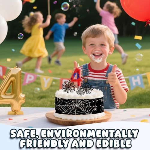 Tortenband Essbar Spinnennetz 8 Stück, mit Spinne Kerze 4 Geburtstag Junge und Cake Topper, Rot Weiß Geburtstagskerzen Zahlen 4, Junge Geburtstag Deko