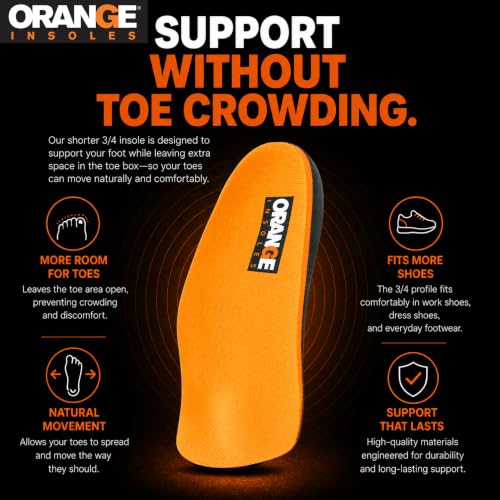 Image of Orange 3 /4 Orthotic Insoles A Men's 4.5-5.5, Women's 6-7 - Same Support as Orange Full Length Insoles for Plantar Fasciitis, Heel Pain & Arch Support