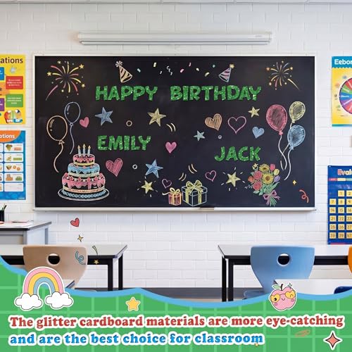Image of Colarr 144 Pcs Glitter Bulletin Board Letters for Classroom Alphabet Punctuation Symbol Cutout Die-Cut Poster Letter with Adhesive Dot School Party Holiday Decor Display (Green,4 Inch)