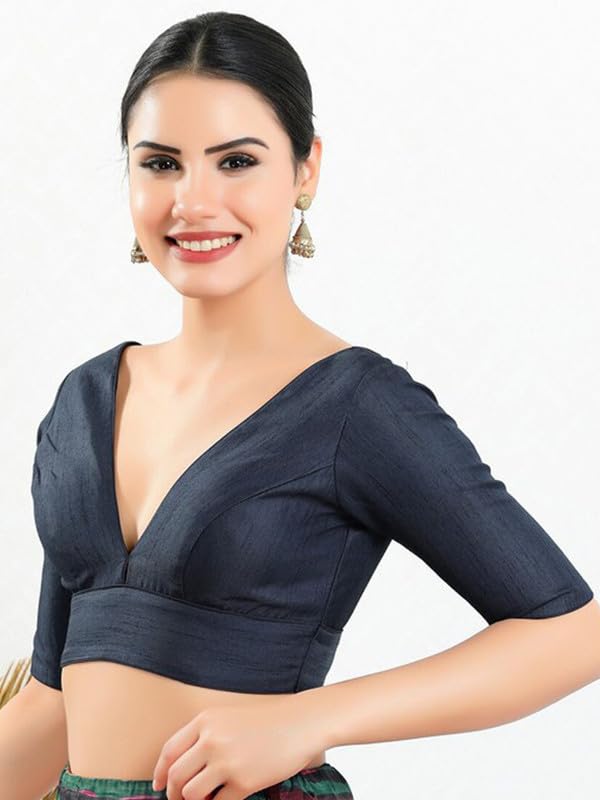 Image of Dupion Silk Solid Non Padded Saree Blouse Top V-Neck Short Sleeves Hook and Eye Closure and Tie-Up Back Choli