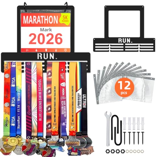 Tegik Race Bib and Medal Display for Runners, 16" Metal Marathon Medal Hanger Display with Bib Holder, Running Medal Hanger Display for Wall, Marathon Runner Gift