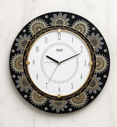 Image of Ajanta Quartz 16-Inch Round Wall Clock (41 x 41 cm) ? Traditional Ethnic White & Gold Handcrafted Design | Decorative Wall Watch with Tick-Tack Sound for Living Room, Home, and Office
