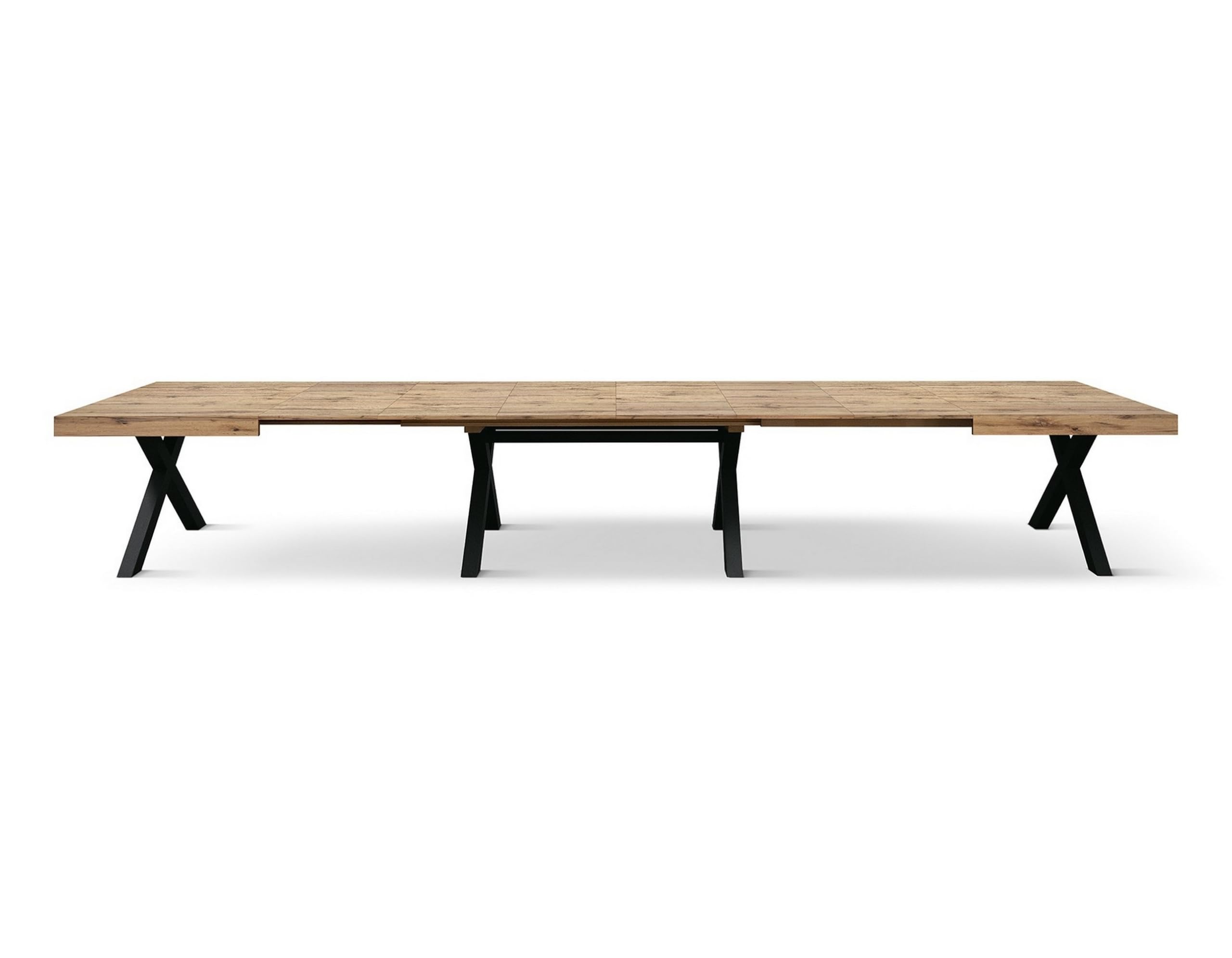 KONTE.DESIGN Tavolo GALLIPOLI in legno nobilitato effetto rovere rustico con gambe a X in legno antracite, allungabile 180x90 cm - 480x90 cm