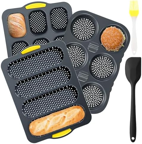 5 Pack Silicone Hamburger Mold, 4 6 9 Cup Hot Dog Baguette Bun Pan Non Stick Muffin Perforated Silicone Loaf Pan with Spatula Brush for Homemade Buns, Oven Dishwasher Microwave Safe