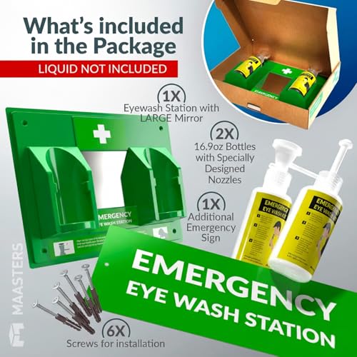 Image of MAASTERS BPA Free Wall-Mounted Eye Wash Station with Sign - Set of 1 | OSHA, 2 empty bottles, mirror, emergency kit