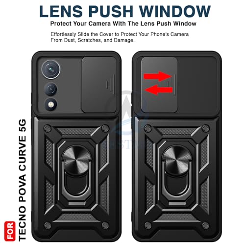 Image of AESTMO Tough Armor Tecno Pova Curve 5G Bumper Back Case Cover | Ring Holder & Sliding Camera Shield Cover | 360 Degree Protection Back Case Cover for Tecno Pova Curve 5G (Black)