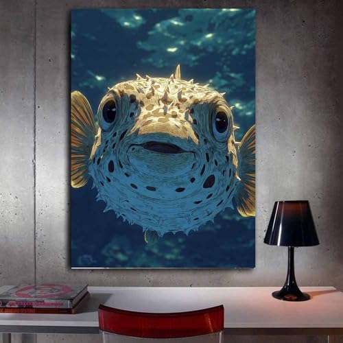 Toile animaux marins poisson-globe épineux cadre mural salon chambre beige 60x90