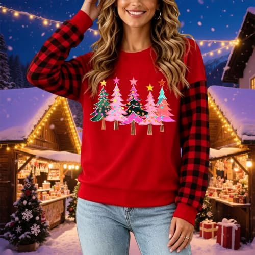 YNCSZEC Vintage Christmas Sweatshirts Women Casual Plaid Long Sleeve Pullover Crewneck Printed Xmas Sweaters Tops Red funny xmas sweatshirts S - image 2