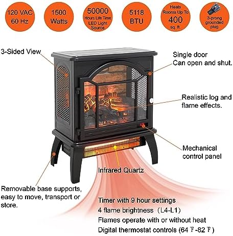 18 Inch Portable Electric Fireplace Stove with 3D Flame Effect, 1500W Infrared Quartz Heater & Remote Control, Overheat Protection, 4 Brightness Settings, for Rooms Up to 400 Sq.Ft. - Thumbnail 5