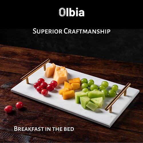 Olbia White Marble Tray with Gold Handle, Breakfast Serving Tray, Rectangle Decorative Perfume Tray, (White Marble)