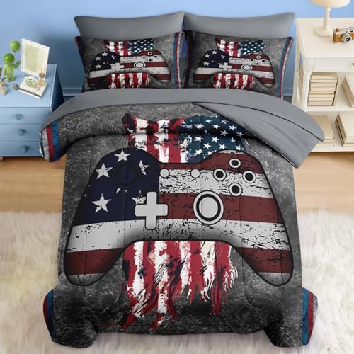 Pamnest Comforter Set Twin Size, Gamepad 4Th July Funny 5 Pcs Bedding for Kids and Adults, American Flag Bed Sheet Sets with Fitted Sheet Pillowcase & Sham for Bedroom Bed Decor