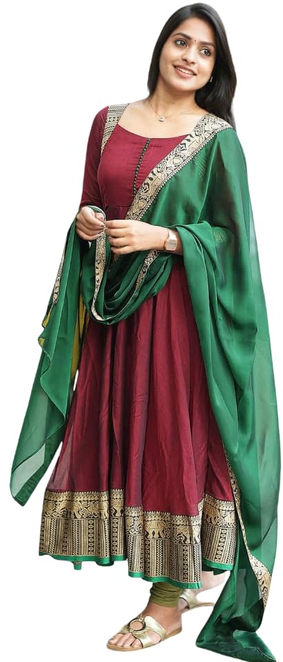 winksfashion Women's Anarkali Kurti Set with Dupatta, Maroon and Green, Gold Border Design Ethnic Wear Gown-picture-34