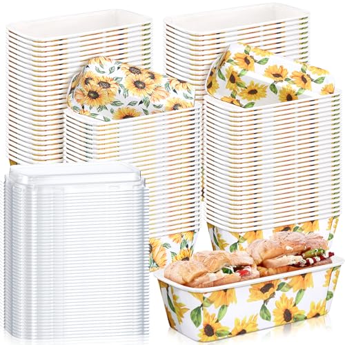 LemonRoad 100 Pcs Summer Paper Loaf Pans with Lids Bulk 6.3 x 2.2 x 2.2 Inch Sunflower Disposable Mini Loaf Pan for Baking Rectangle Baking Mold for Cake Bread Oven Bakery Summer Holiday Gifts