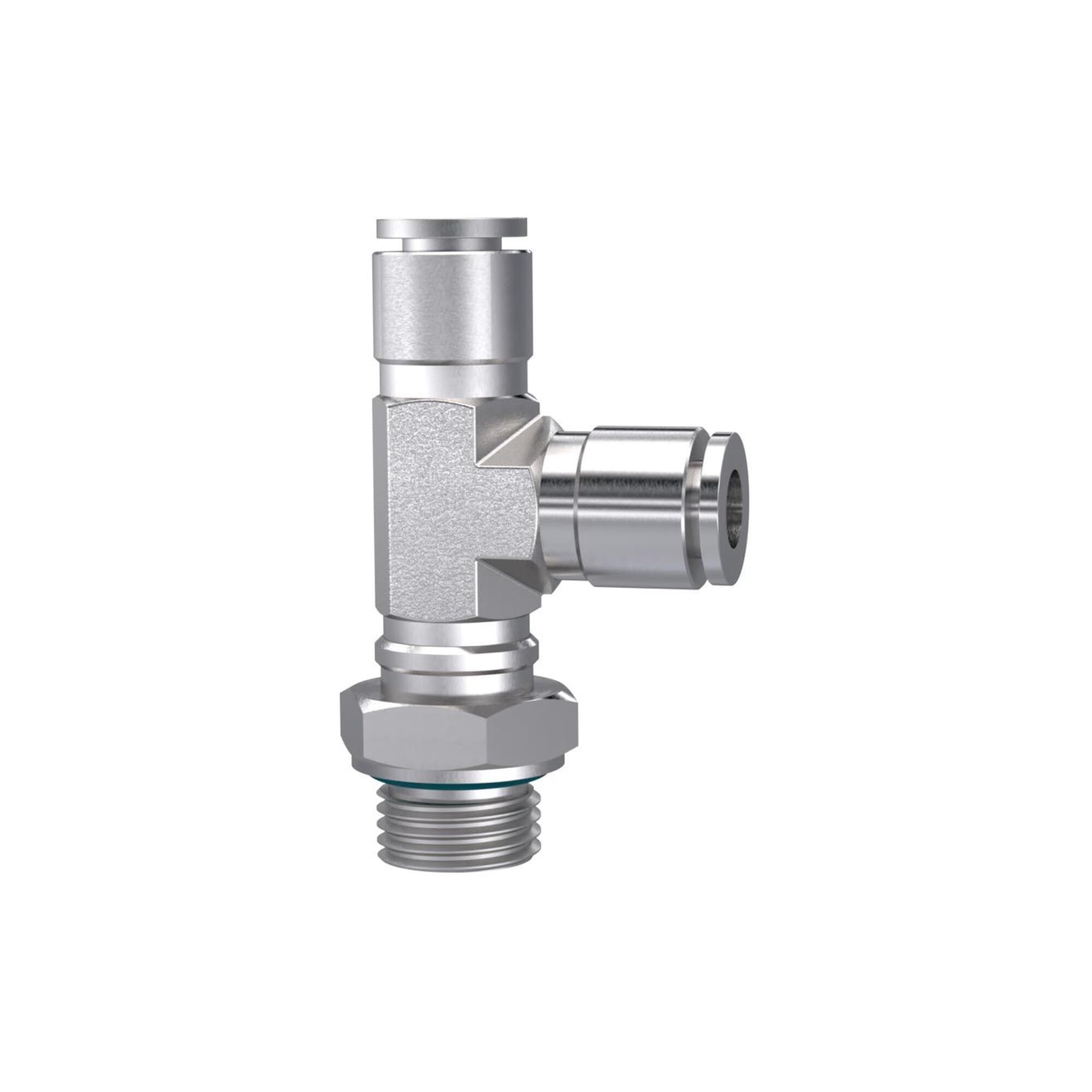Racor en T, giratorio, forma de L, G 1/4 A, para manguera de diámetro exterior de 12 mm, presión de trabajo máx. 20 bares, acero inoxidable 1.4404.