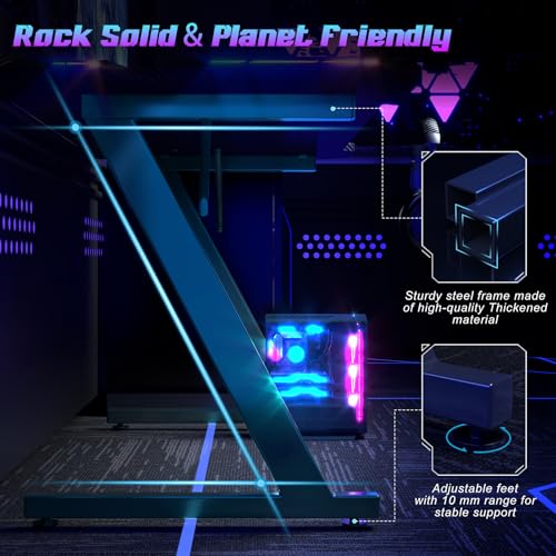 Homall Gaming Desk with LED Lights, 120 x 60cm RGB Gaming Table Z Shape, Large Computer Desk with Headphone Hook, Gamer Table for Home Office, Carbon Fibre Black - Image 4