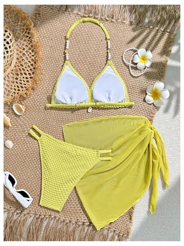 Image of SOLY HUX Girl's Summer Swimsuit Set Floral Halter Triangle Bikini Set with Wrap Skirts Beachwear