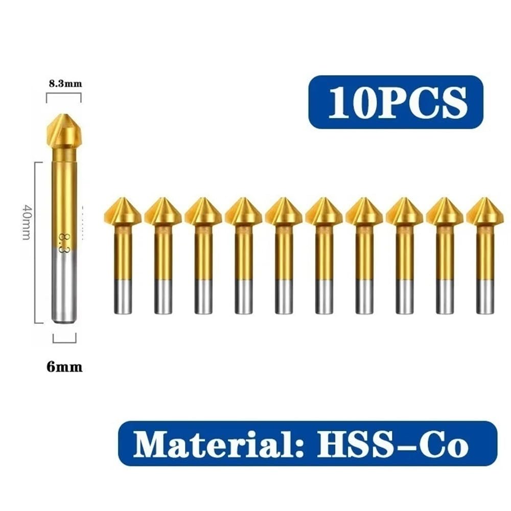 10 fresas de biselado HSS 6542/M35, brocas avellanadas de 3 flautas y 90 grados for herramientas eléctricas.(8.3mm*35)