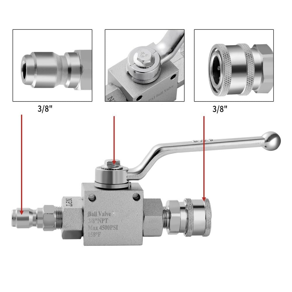 Robinet à boisseau sphérique haute pression pour nettoyeur haute pression avec déconnexion rapide 3/8", vanne d'arrêt en acier inoxydable 4500 psi, comprend 2 adaptateurs
