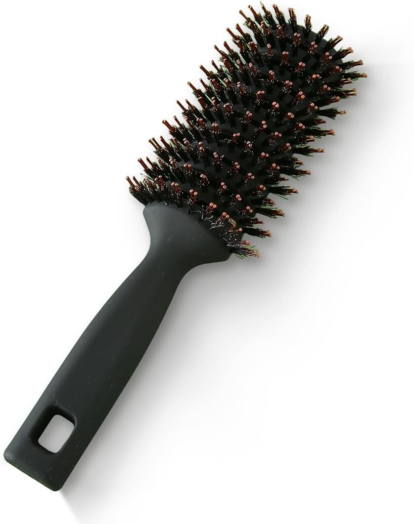 Rey Naturals Round Vented Hair Brush for men and women | Quick Drying & Pain Free Detangling | hair care products | Hair comb | Flexible Nylon Bristles (Black)