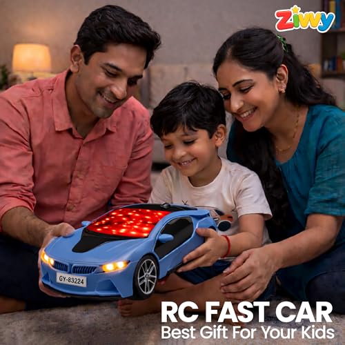 Image of Blue Rechargeable Remote Control Car Toy, RC Racing Vehicle for Children, High Speed, 3D LED Light Car, Kids Battery Car, RC for Boys & Girls, Toys for Kids, Birthday Gift for Boys and Girls