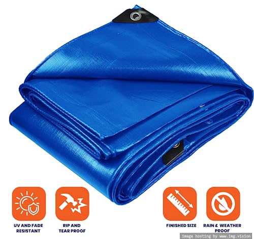Image of Extra Heavy Duty 14 Mil Tarp Cover, Waterproof, UV Resistant, Rip and Tear Proof, Poly Tarpaulin with Reinforced Edges for Roof, Camping, Patio, Pool, Boat (Blue 40′ X 80′)