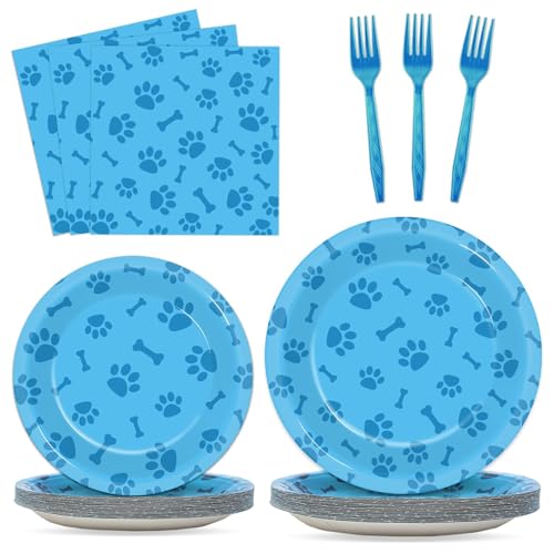Image of 96pcs Dog Paw Prints Party Plates Napkins Dog Paw and Bone Sign Tableware Puppy Pawty Print Dinnerware Disposable Paper Plates for Kids Boy Girl Lets Pawty Birthday Baby Shower Party supplie 24 Guests