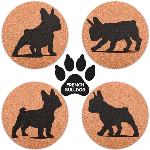 French Bulldog Lovers Cork Drink Coasters, 4-Piece Sets, Fun Dog ...