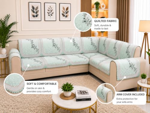 Image of Printed 7 Seater L-Shape Sofa Cover with Arm Covers, Quilted Texture, Sectional Couch Protector for Living Room-Pack of 15 (Green Vine)