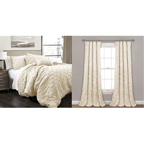 Lush Decor Vintage Chic Ravello, King, Ivory &, Ivory Ravello Pintuck Window Curtain Panel, 84" x 52", 84" L