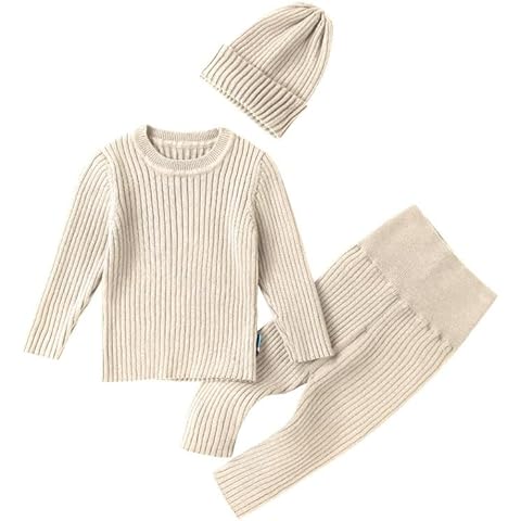 Auro Mesa Baby Boys Girls 3pcs Sweater Set Knitted Clothes Longsleeve Sweater Outfit Hat + Swetarer + High Waist Pants, 18-24months, Khaki Cover