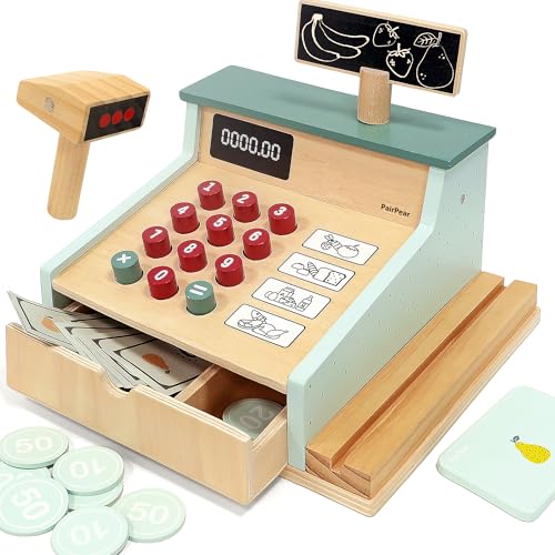 PairPear Wooden Toy Cash Register Kids Pretend Play Money Counting Toys with Scanner and Credit Card Toddler Cashier Toy Grocery Play Food Accessory for Pre-School Gift Boys Girls 3+