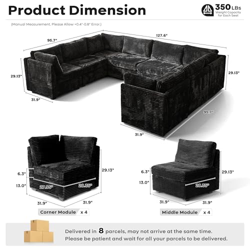 Image of ovios Modular Sectional Sofa Couch with U-Shape Chaise Oversized, Comfy Plush Corduroy Cloud Couches, Modern Luxury Deep Seat Sofas Set for Living Room, 8-Seater, Black