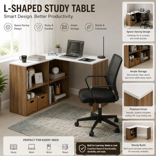 Image of FURNEASER Maggen Engineered Wood Study Table, Workstation, Rotatable Computer Laptop, WFH Office Desk Gaming Table with Storage, Large (Exotic Teak & White)