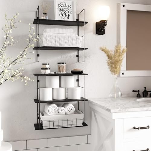 Image of DIY Floating Shelves for Living Room Bedroom Bathroom Kitchen Wall Shelf for Home Office Storage and Display Racks for Wall Home Office Night Stand Set of 5-Black