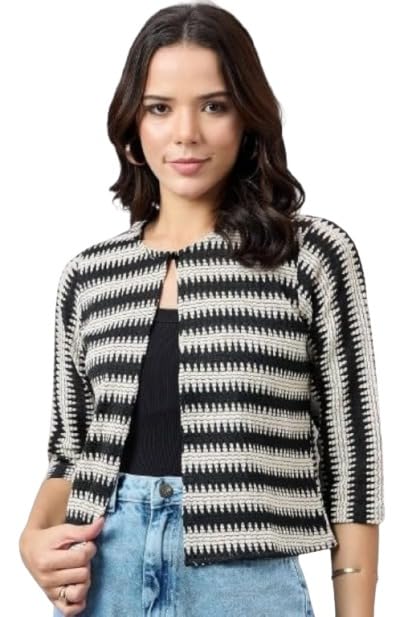 Women's Striped Shrug, Black and White, Crochet Style, 3/4 Sleeves, Open Front (IN, Alpha, S)-picture-53