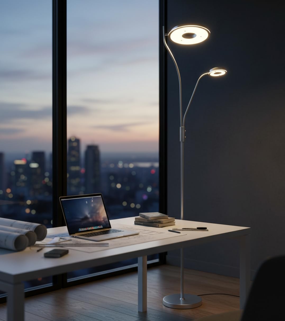 BEL AIR HOME - Lámpara de Pie GENOVA - 179CM Alto LED 28W+7W Dimmer Brazo de Lectura Orientable Luz Ajustable 3000K 4000K 6500K Diseño Moderno Eficiencia Energética (PLATA)