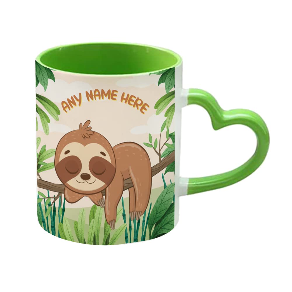 Getagift Personalised Sloth Design, Custom with Your Name, Animal Lover, Birthday, Christmas, Secret Santa, for Men-Women 11oz Ceramic Heart Handle Coffee-Tea Mug. (Green)