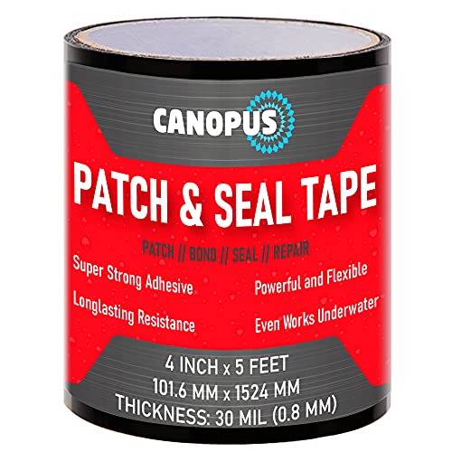 Canopus Patch And Seal Tape, Waterproof Tape For Indoor & Outdoor Use, Heavy Duty Thick Rubberized Repair Tape, Fix Leaks On Hoses, Pipes, Gutters, Roofs, Boats, Pools, 4" X 5' Black #TOP11