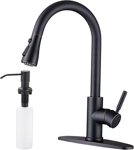 WEWE Grifo de cocina de bronce aceitado con rociador extraíble, rotación de 360 grados, manguera extraíble de 24 pulgadas, ajuste de 3 modos, fácil