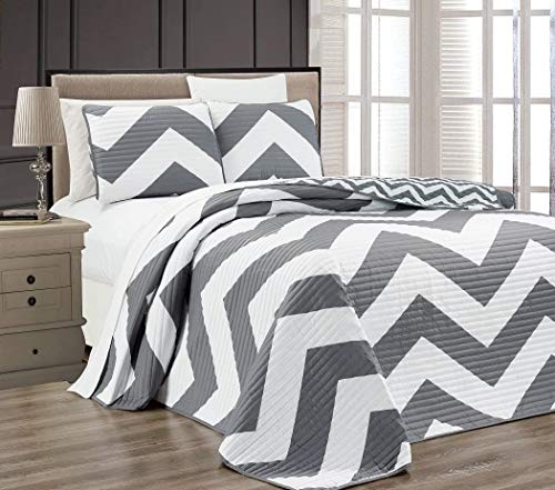 Chezmoi Collection Zoe 3-Piece Chevron Zig Zag Channel Quilted Bedspread Coverlet Set (Gray, Queen)