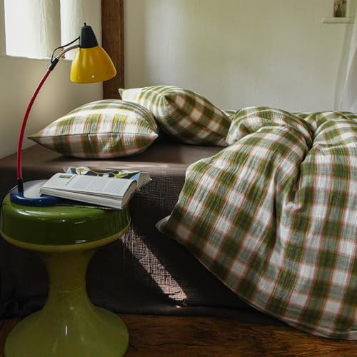 Image of EAVD Vintage Style Gingham Duvet Cover Full Soft 100% Muslin Cotton Yarn-Dyed Textured Chic Pink&Green Grid Plaid Bedding Set with 2 Pillowcases British-Style Plaid Duvet Cover with Zipper
